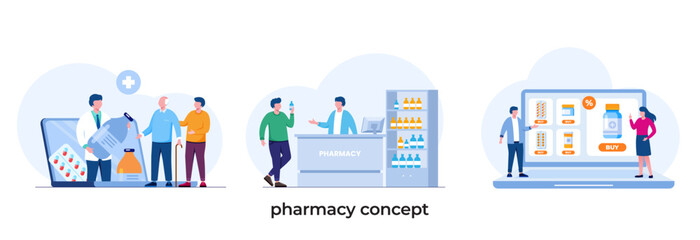 Fototapeta na wymiar pharmacy concept, pharmacist, medicine, pharmacology, medical concept, flat illustration vector template