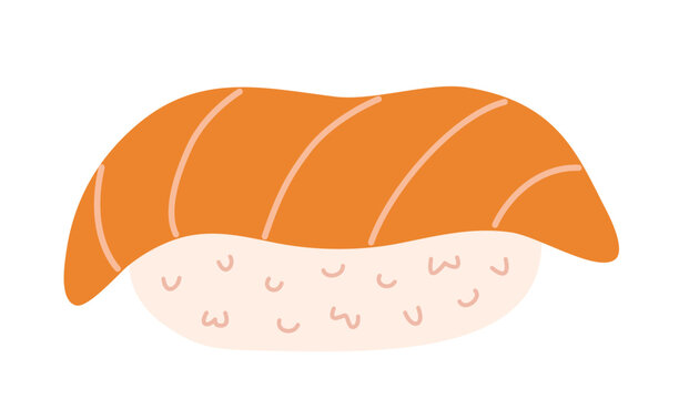 recommend clip art: Nigiri sushi with salmon. Traditional Japanese food. Rice with raw fish. Hand-drawn colored flat vector illustration isolated on white background.