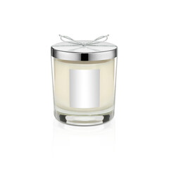 Candle in glass jar with silver lid and blank silver label.
