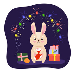 Festive bunny with Christmas attributes, gifts, garland and orange. Vector illustration with cute character symbol of 2023