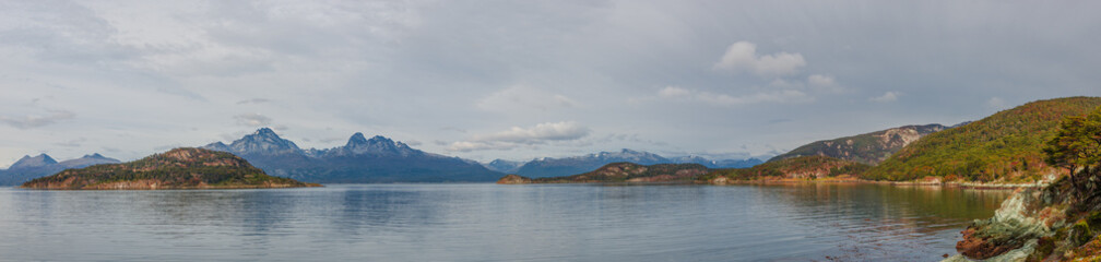 Panoramic view over beautiful and colorful landscape at Ensenada Zaratiegui Bay in Tierra del Fuego...