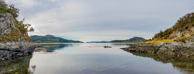 Panoramic view over beautiful and colorful landscape at Ensenada Zaratiegui Bay in Tierra del Fuego National Park, near Ushuaia and Beagle Channel, Patagonia, Argentina, early Autumn.