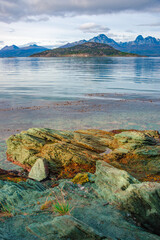 Cover page with beautiful and colorful landscape at Ensenada Zaratiegui Bay in Tierra del Fuego...