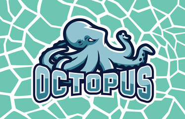 Illustration of a formidable octopus on a blue background. Sports logo