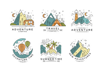 Fototapeta premium Summer Travel and Adventure with Mountain, Camp, Van and Hot Air Balloon Line Vector Set