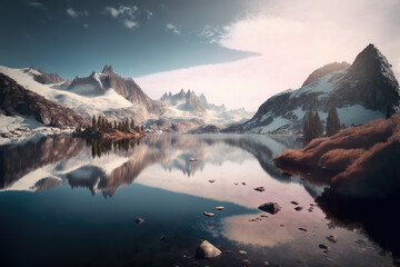 Fototapeta na wymiar Generative AI : a beautiful landscape with a lake, snow-covered mountains and trees 