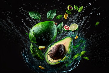 Green limes and avocado in water dropped,design element and advertising.