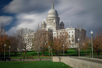 Clouds drag high above the capitol building on a late autumn day in Providence, RI