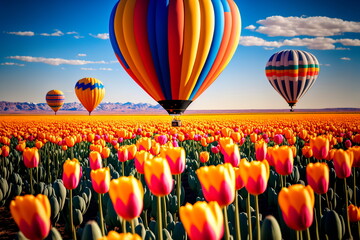 Color tulip flower fields in spring, hot air balloon in the background