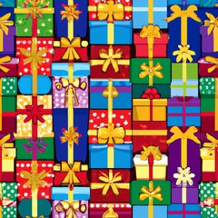 Holiday gift packages, wrapped with ribbons and bows. Background with colorful decorated gift boxes.