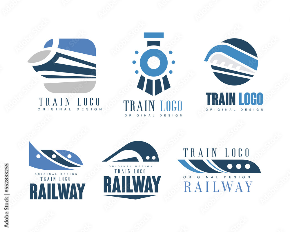 Wall mural Train and Railway Logo Design with Blue Shape of Rapid Railroad Transport Vector Set