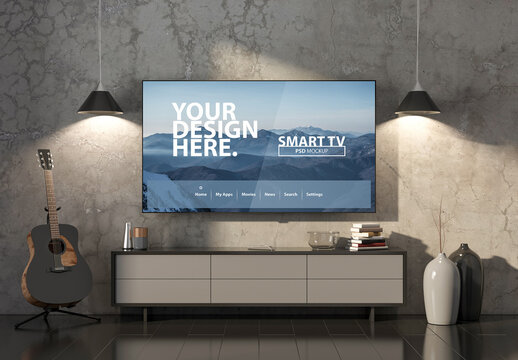 Large Smart Tv mockup with black acoustic guitar in modern living room