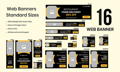 Food delivery service web banner design for social media posts, food menu google ads web bundle banner templates