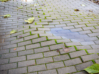 pothole in a block sidewalk with risk to people. Concept of risk