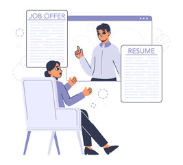 Fototapeta premium Headhunting agency manager selects job candidates. HR recruitment process, job seekers resume flat vector illustration on white background