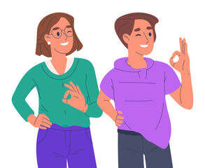 Man and woman show okay signs. Excited couple with positive gestures, happy smiling people body language flat vector illustration on white background