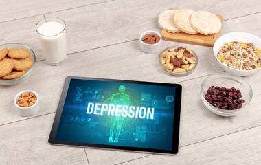 Tablet Pc with fruits, medical concept