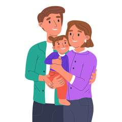 Mom and dad carrying cute baby. Family with child, happy parents, kid with mother and father isolated flat cartoon vector illustration on white background