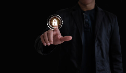 Man pointing finger at virtual reality screen for login, data protection security concept, using fingerprint instead of username and password for login.