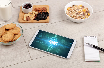 Tablet Pc with fruits, medical concept