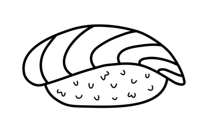 Maguro nigiri.  Sushi with rice ball and tuna. Japanese food. Hand drawn traditional food element icon. Isolated vector illustration in doodle line style.