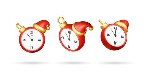 Set of Christmas Clock 3d icon. Red Clock with Santa Hat. Isolated on White Background