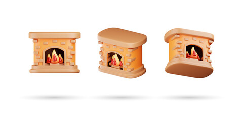 Set of Christmas Fireplace 3d icon. Isolated on White Background