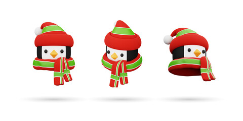 Fototapeta premium Set of Christmas Penguin character 3d icon. Isolated on White Background