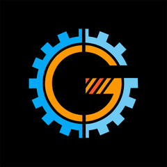 Vector graphic illustration of letter G logo with gears combined with blue and orange color combination, suitable for brand identity or technology, engineering or manufacturing design inspiration.