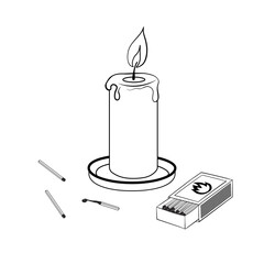 Stock vector black and white hand drawn outline illustration of a burning candle and safety matches