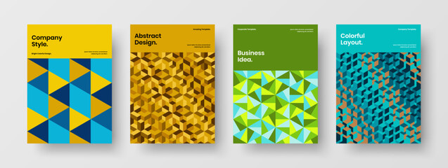 Fresh company brochure vector design concept composition. Colorful geometric tiles presentation template bundle.