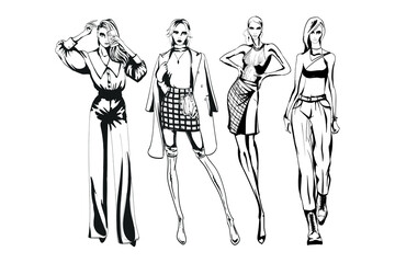 Set of young beautiful women in stylish clothes. Fashion sketch.