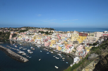 Fototapeta na wymiar Colorful view of the Village of Marina di Corricella in the Island of Procida. Campania. Italy.