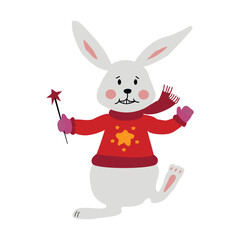 A Christmas bunny in a red sweater and with a star in his hand is smiling