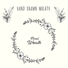 Hand drawn floral wreath and laurel frame circle with leaf and flower