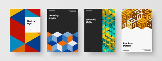 Fototapeta premium Colorful journal cover A4 design vector template set. Original geometric hexagons annual report concept bundle.