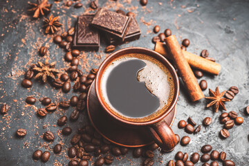 Fresh brewed black coffee in a cup on dark background with coffee beans and chocolate pieces