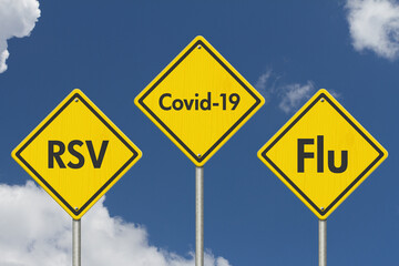 RSV, covid-19 and flu yellow warning road sign - obrazy, fototapety, plakaty