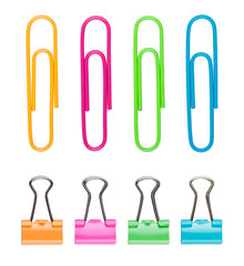 Colorful paper clips and binders, PNG isolated on transparent background	
