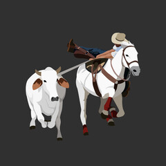 Coleo Llanero, persona coleando un animal, toro y caballo con jinete, ilustración a color, llano colombiano, llano venezolano, orinoquia