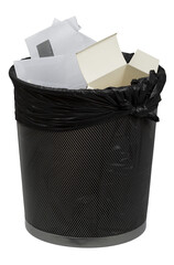 Office trash bin with black plastic bag full with creased paper and discarded carton boxes, PNG...
