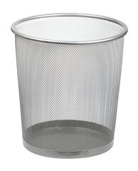 Empty metallic mesh trash bin, PNG isolated on transparent background	

