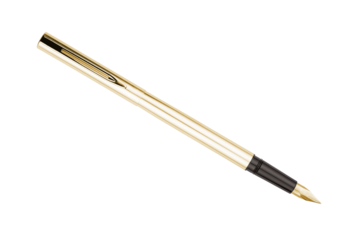 Classic golden metallic fountain pen for writing with ink, PNG isolated on transparent background	