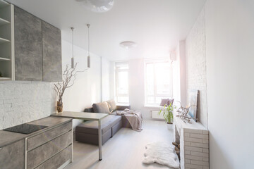 Interior of the modern loft kitchen-studio in the apartment. Room, furniture, sofa near wooden fireplace