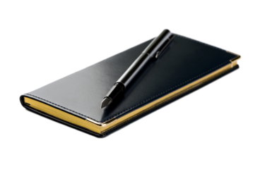 Black leather organizer and vintage fountain pen, PNG isolated on transparent background	
