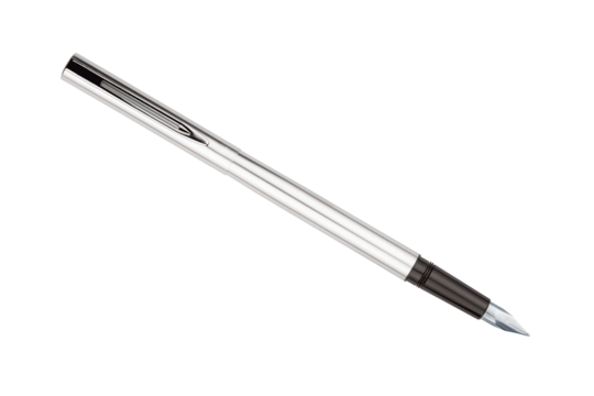 Classic silver metallic fountain pen for writing with ink, PNG isolated on transparent background	