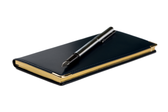 Black leather organizer and vintage fountain pen, PNG isolated on transparent background	
