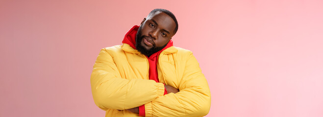Show me whatcha got. Portrait cool stylish serious-looking urban black bearded guy in trendy yellow hoodie cross arms over chest tilting head wanna see what prepared rival standing confident - obrazy, fototapety, plakaty