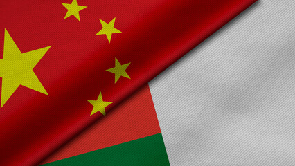 3D Rendering of two flags from China and Islamic Republic of Madagascar together with fabric texture, bilateral relations, peace and conflict between countries, great for background
