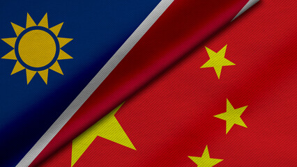 3D Rendering of two flags from Republic of Namibia and China together with fabric texture, bilateral relations, peace and conflict between countries, great for background